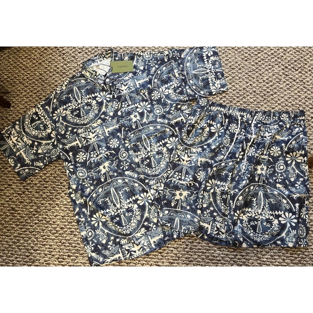 Men's Hawaiian Shirt and Short Set Flower Blue/White 2-pc Beach Outfit Medium